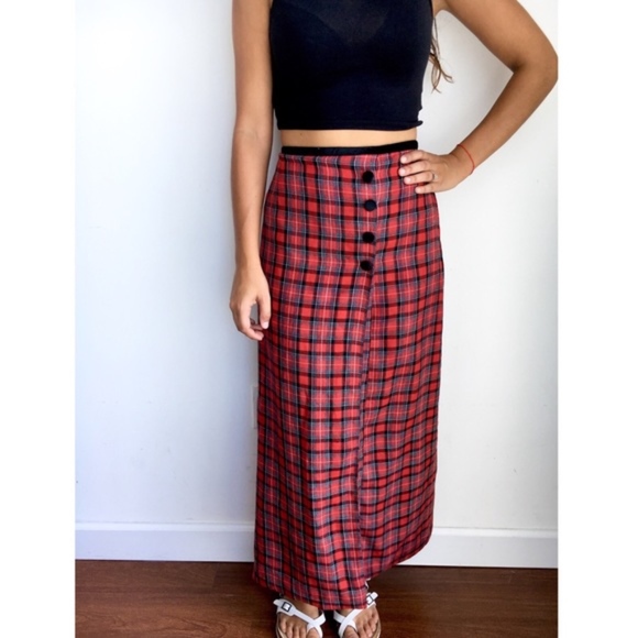 Vintage Dresses & Skirts - Vintage tartan red plaid maxi pencil skirt L